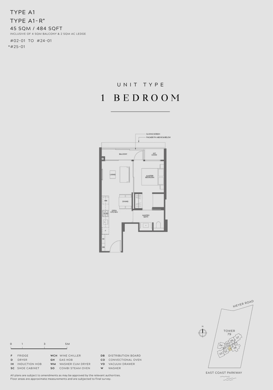 Floor plan for a 1-bedroom unit, 45 sqm (484 sqft), including a balcony and an air-conditioning ledge. The layout features a living area, open kitchen, dining space, master bedroom, and bathroom.
