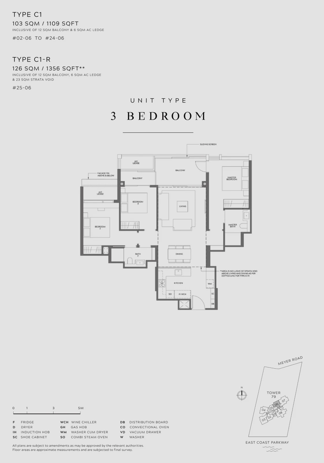 Floor plan for a 3-bedroom unit, available in 103 sqm (1109 sqft) and 126 sqm (1356 sqft) sizes. Features include a spacious living room, open kitchen, dining area, three bedrooms, two bathrooms, and multiple balconies.