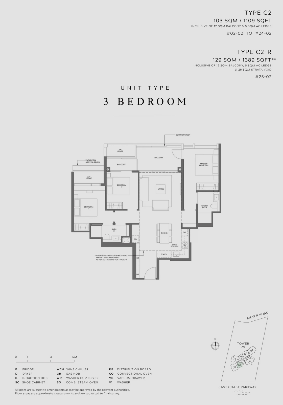Floor plan for a 3-bedroom unit, available in 103 sqm (1109 sqft) and 129 sqm (1389 sqft) sizes. Includes a living room, open kitchen, dining area, three bedrooms, two bathrooms, and ample balcony space.