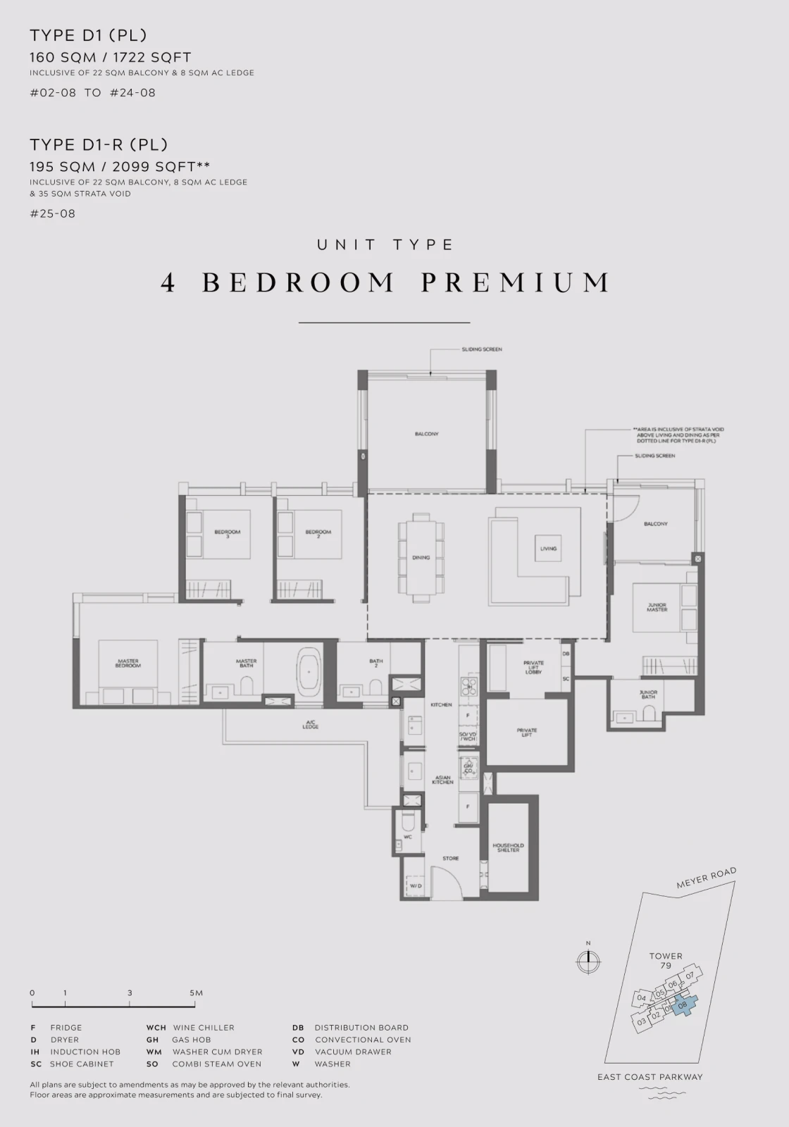 Spacious 4-bedroom premium floor plan, available in 160 sqm (1722 sqft) and 195 sqm (2099 sqft) configurations. Includes a grand living and dining area, four bedrooms, private lift, bathrooms, kitchen, storage room, and expansive balcony.