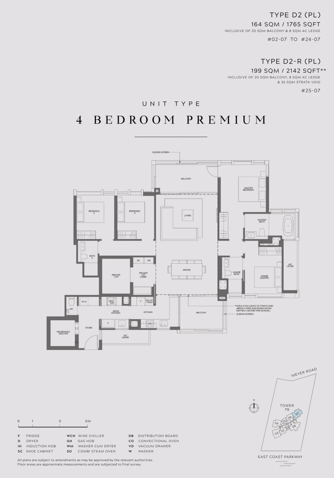 Premium 4-bedroom unit floor plan, measuring 164 sqm (1765 sqft) and 199 sqm (2142 sqft). Highlights include a living and dining space, four bedrooms, private lift, multiple bathrooms, kitchen, and large balcony areas.
