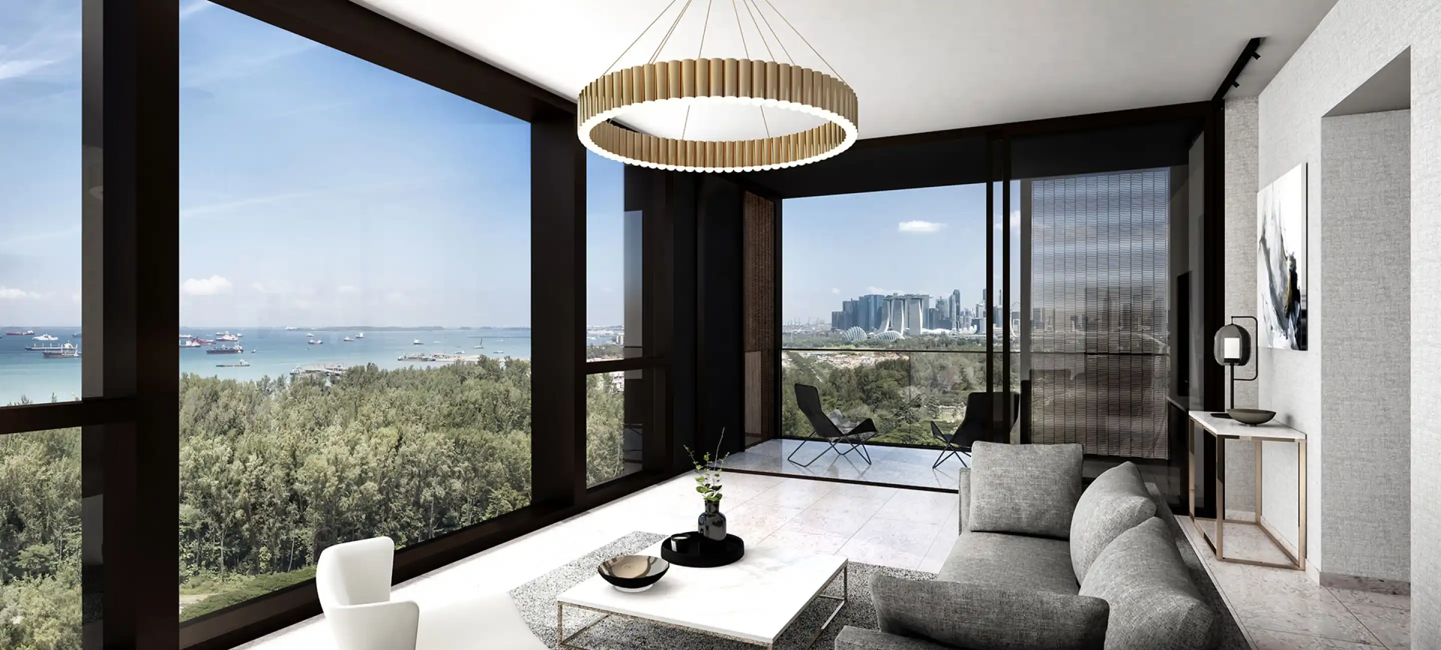 A luxurious living room featuring a panoramic view of both the city skyline and the sea. Elegant furnishings and modern lighting add sophistication.
