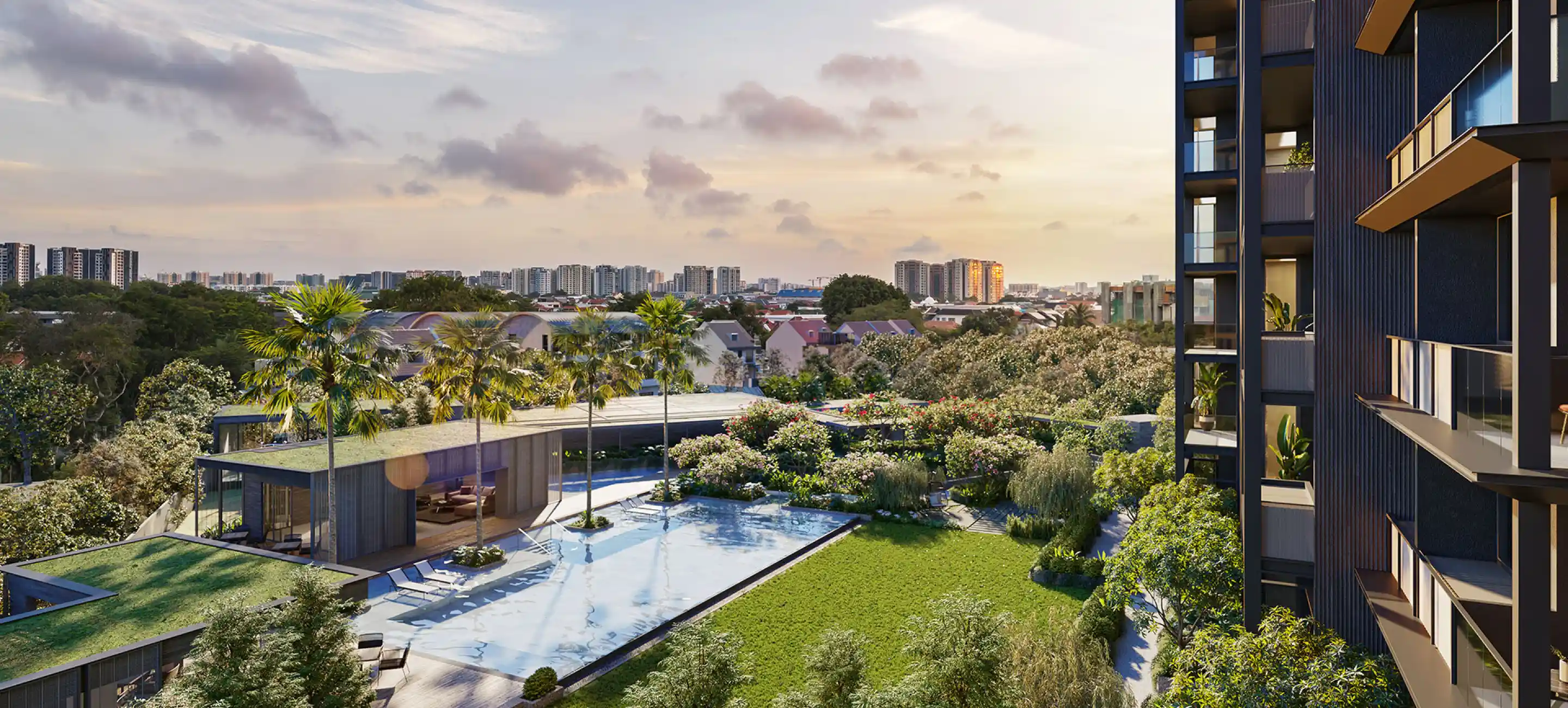 An outdoor, overhead view of Meyer Mansion's lush grand lawn and palm trees, featuring a large swimming pool and landscaped gardens. The backdrop showcases a distant city skyline under a soft, evening sky.